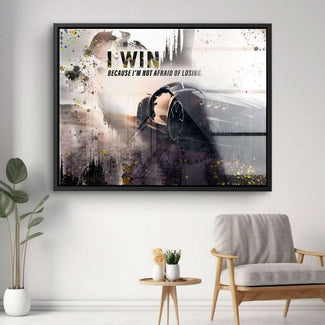 Motivationsbild mit modernem Sportwagen und Text 'I WIN' als Wandbild auf Leinwand im Wohnzimmer