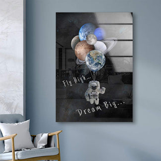 Leinwandbild mit Astronaut, der Planeten-Ballons hält, Motivationsspruch, Weltraum-Kunst