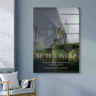 Leinwandbild mit Wolf auf Felsen, motivierendem Spruch, moderne Wanddekoration