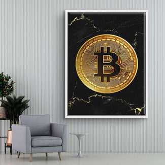 Modernes Wandbild mit goldener Bitcoin-Münze auf schwarzem Hintergrund, Wohnzimmerdekor