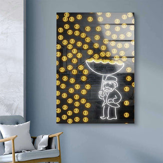 Modernes Wandbild mit Comicfigur unter Regenschirm, gelbe Geldsymbole auf dunkler Mauer