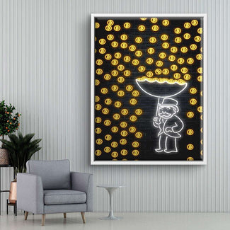 Modernes Wandbild mit Comic-Figur und leuchtenden Bitcoin-Symbolen auf dunklem Hintergrund