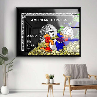 Pop Art Wandbild mit Cartoon-Ente, Geldmünzen und American Express Kartendesign