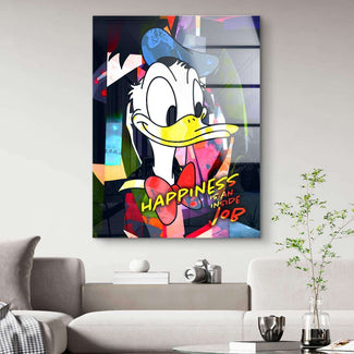 Modernes Wandbild mit bunter Cartoon-Ente und Schriftzug 'Happiness is an inside job' im Wohnzimmer