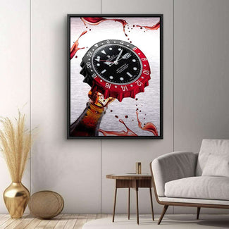 Modernes Wandbild mit einer Flasche, deren Kronkorken als Uhr gestaltet ist, abstrakte Spritzer