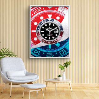 Modernes Wandbild mit großem, farbigem Uhrendesign in einem stilvollen Wohnzimmer