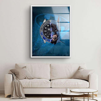 Modernes Wandbild mit Comic-Helm und Uhr-Motiv, blaue Farbtöne, Kunst für Wohnzimmer