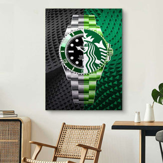 Modernes Wandbild mit Uhr im Pop Art Stil, grünes und schwarzes Design, Wohnzimmerdeko