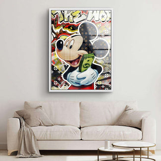 Modernes Pop Art Wandbild mit Mausfigur, Dollar-Schein und Graffiti-Motiven im Wohnzimmer
