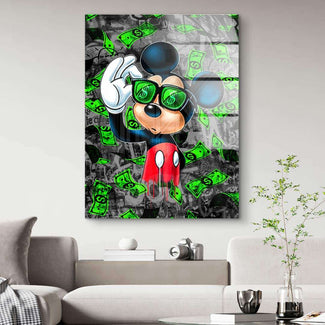 Modernes Pop Art Wandbild mit Comic-Mouse, grünen Geldscheinen und Graffiti-Stil im Wohnzimmer