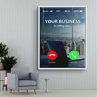 Modernes Wandbild im Büro-Stil mit Skyline und Laptop, Motivationskunst für Arbeitszimmer