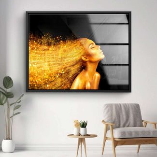 Modernes Wandbild mit goldener Frau, leuchtende Haare, Kunst auf Leinwand im Wohnzimmer