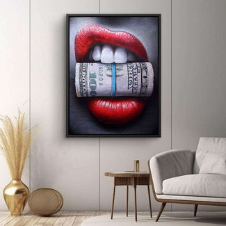 Modernes Wandbild mit roten Lippen, die eine Geldrolle halten, Pop Art Kunst für Wohnzimmer