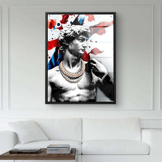 Modernes Wandbild mit antiker Statue, goldener Kette und abstraktem Farbhintergrund, Wohnzimmer