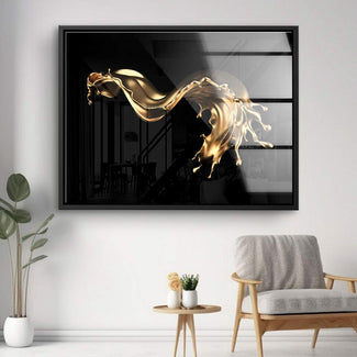 Modernes Wandbild mit goldener abstrakter Splash-Form auf schwarzem Hintergrund, Wohnzimmer-Deko