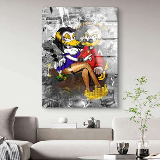 Pop Art Wandbild mit zwei Comic-Enten auf Stuhl, Geldscheine und Goldmünzen, Graffiti-Stil