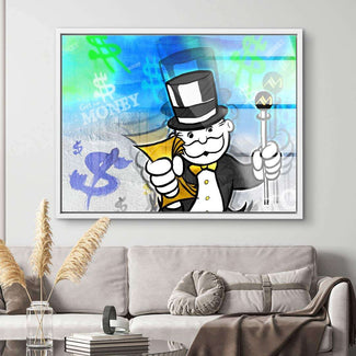 Pop Art Wandbild mit Comic-Figur im Anzug und Zylinder, Dollarzeichen, bunte Farben, Wohnzimmer