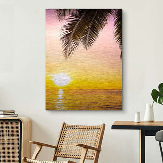 Leinwandbild mit Sonnenuntergang am Meer und Palmen, Wandbild für Wohnzimmer Deko