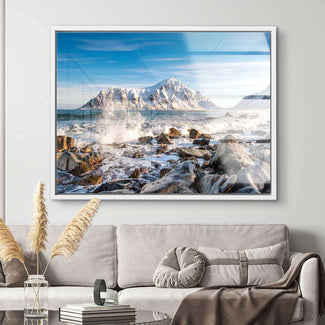 Wandbild mit schneebedecktem Berg, Meer und Felsen, modernes Wohnzimmer-Dekor