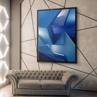 Modernes blaues abstraktes Wandbild über eleganter grauer Couch im Wohnzimmer