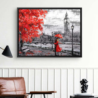 Leinwandbild mit rotem Baum, Frau mit Regenschirm, London-Szene und Big Ben