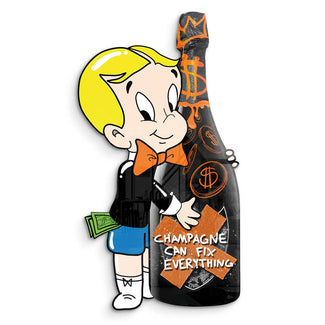 Comicstil Wandbild mit Junge im Anzug und großer Champagnerflasche, Pop Art Motiv