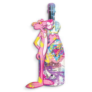 Pop Art Acrylbild Pink Panther mit bunter Champagnerflasche, moderner Wanddekor