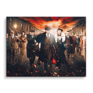 Wandbild mit stilvoller Gang in Retro-Kleidung, dramatischer Himmel, Straßenszene