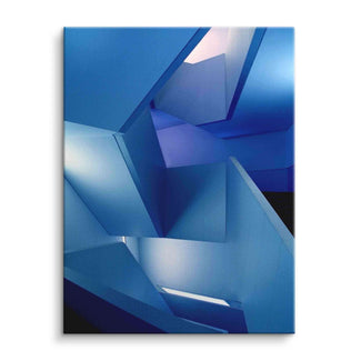 Modernes Wandbild mit blauen geometrischen Formen und abstrakter Treppenoptik auf Leinwand