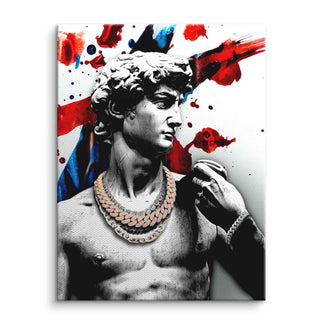 Modernes Wandbild mit David-Statue, goldener Kette und buntem Farbspritzer-Hintergrund