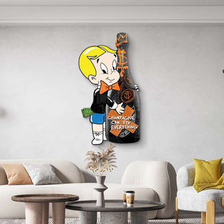 Modernes Wandbild mit Comicfigur und Champagnerflasche, Wohnzimmer, Pop Art Kunst