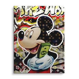 Comic-Maus mit Geldbündel vor bunter Pop Art Graffiti als Leinwand Wandbild