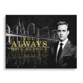 Motivationsbild mit Mann im Anzug, Skyline und Spruch You always have a choice in Gold, moderne Wandkunst
