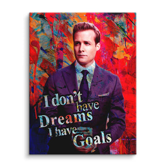 Motivationsbild mit Mann im Anzug und Spruch „I don't have Dreams I have Goals“ vor buntem Hintergrund