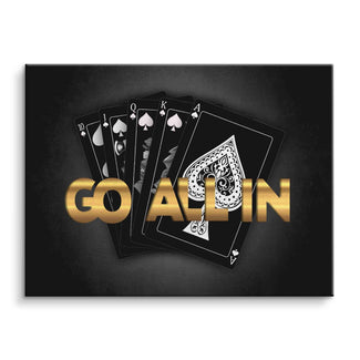 Leinwandbild mit schwarzen Spielkarten und goldener Aufschrift Go All In, Motivationsbild