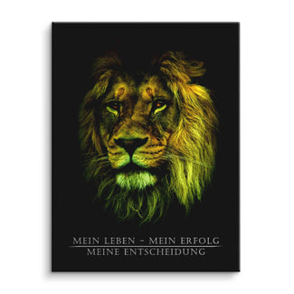 Motivationsbild mit Löwenkopf auf dunklem Hintergrund und Text 'Mein Leben – Mein Erfolg – Meine Entscheidung'