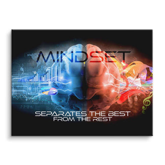 Motivationsbild auf Leinwand mit farbig geteilter Gehirngrafik, Schriftzug Mindset, moderner Look