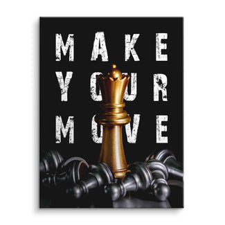 Motivationsbild mit goldener Schachfigur König, Text Make Your Move, moderne Wandkunst