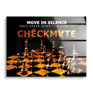 Motivationsbild Schach, glänzendes Schachbrett mit Figuren und englischem Zitat, moderne Wandkunst