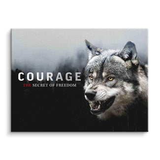 Motivationsbild mit Wolf im nebligen Wald und Text Courage, Wandbild Leinwand