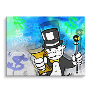 Pop Art Wandbild mit Monopoly-Mann, Geldscheinen und Dollarzeichen auf blauem Hintergrund