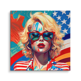 Pop Art Wandbild mit blonder Frau, Sonnenbrille und amerikanischer Flagge im Hintergrund