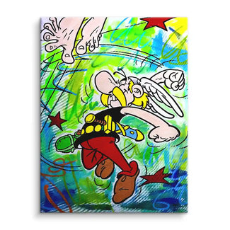 Comic Kunst Leinwandbild mit Asterix Figur und buntem, abstraktem Hintergrund
