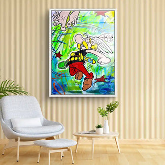 Buntes Comic-Wandbild mit Asterix in Bewegung, Sternen und abstraktem Hintergrund im Wohnzimmer