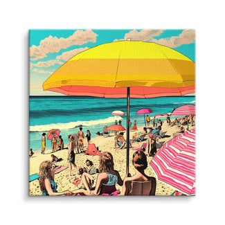 Buntes Wandbild mit Strandmotiv in Italien, große Sonnenschirme und Menschen am Meer