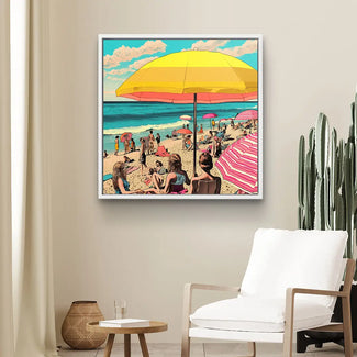 Modernes Wandbild mit Strand, Sonnenschirmen und Menschen am Meer im Italien-Design