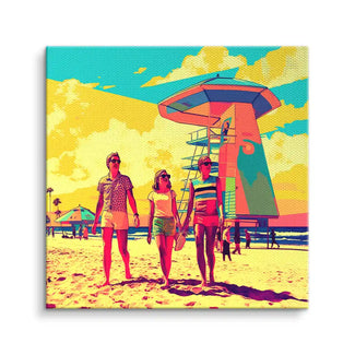 Pop Art Wandbild mit drei Personen am Strand vor modernem Rettungsturm, sonnige Farben