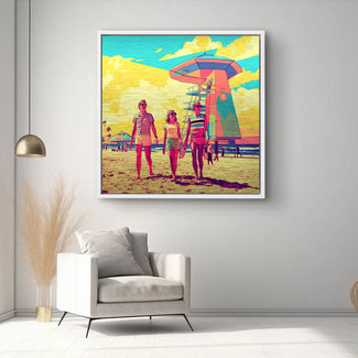Modernes Wandbild mit Pop Art Strandmotiv, drei Personen, bunter Rettungsturm, Wohnzimmer Deko