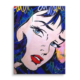 Pop Art Wandbild mit Frauengesicht, schwarzen Haaren und blauen Augen, bunte Graffiti Akzente