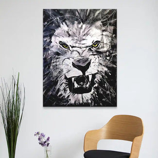 Modernes Wandbild mit schwarz-weißem Löwenkopf, ausdrucksstarke Kunst für Wohnzimmer